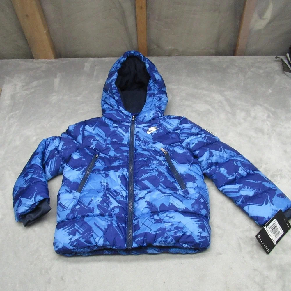 Nike Jacket Boys 4T 3-4 Blue Hooded Puffer Full Zip Graphic Winter Outerwear NEW
